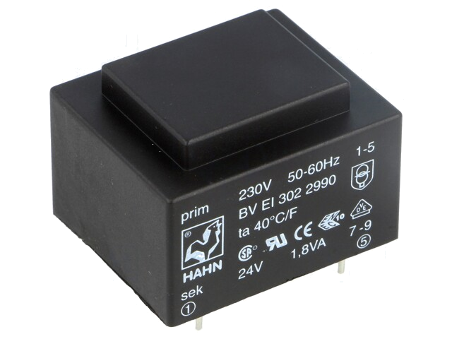 Transformator: ingegoten; 1,8VA; 230VAC; 24V; 75mA; PCB; BVEI Transformator: ingegoten; 1,8VA; 230VAC; 24V; 75mA; PCB; BVEI